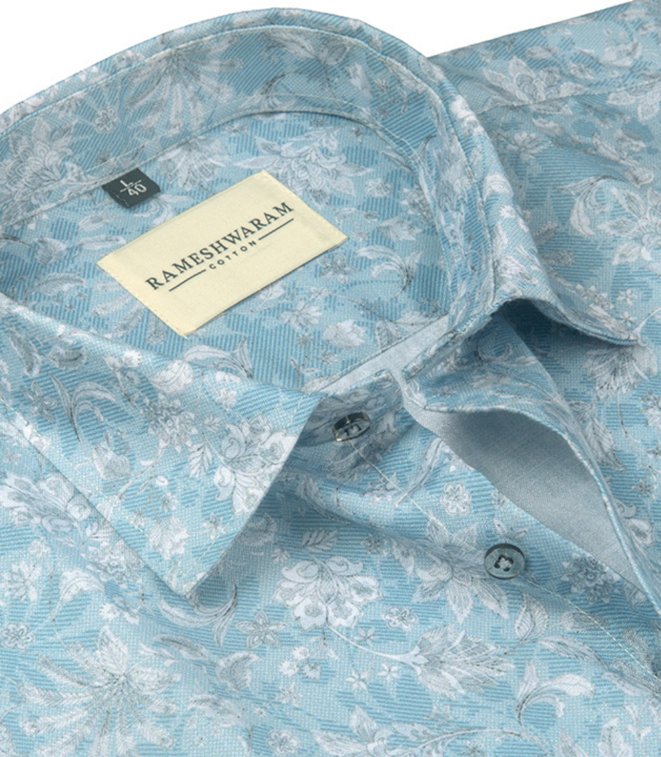 Premium Printed Cotton Light Blue Slim Shirt For Men