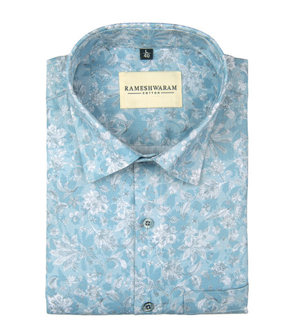 Premium Printed Cotton Light Blue Slim Shirt For Men
