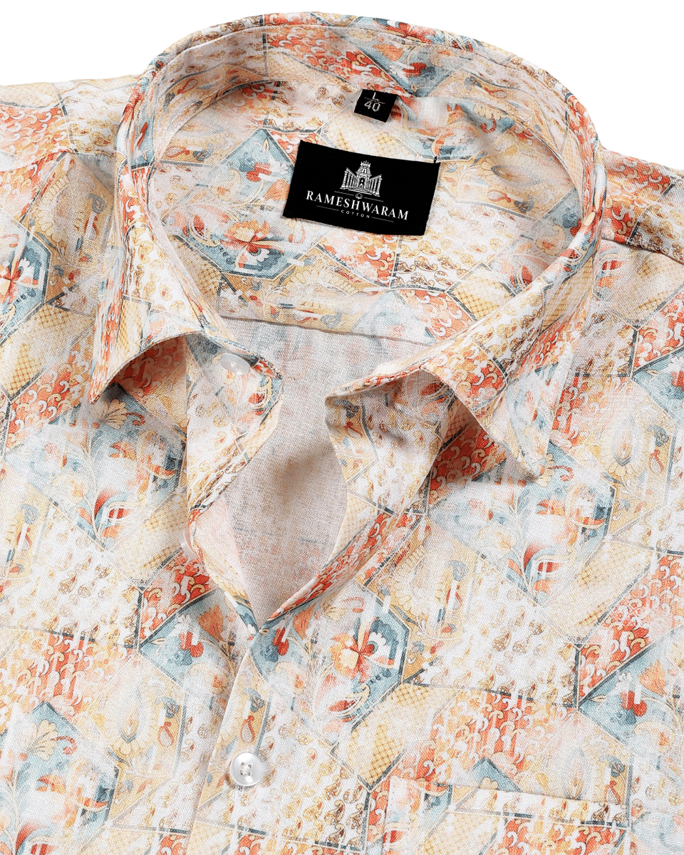 Giza Cotton Print Sky Blue Peach Orange Men Shirts