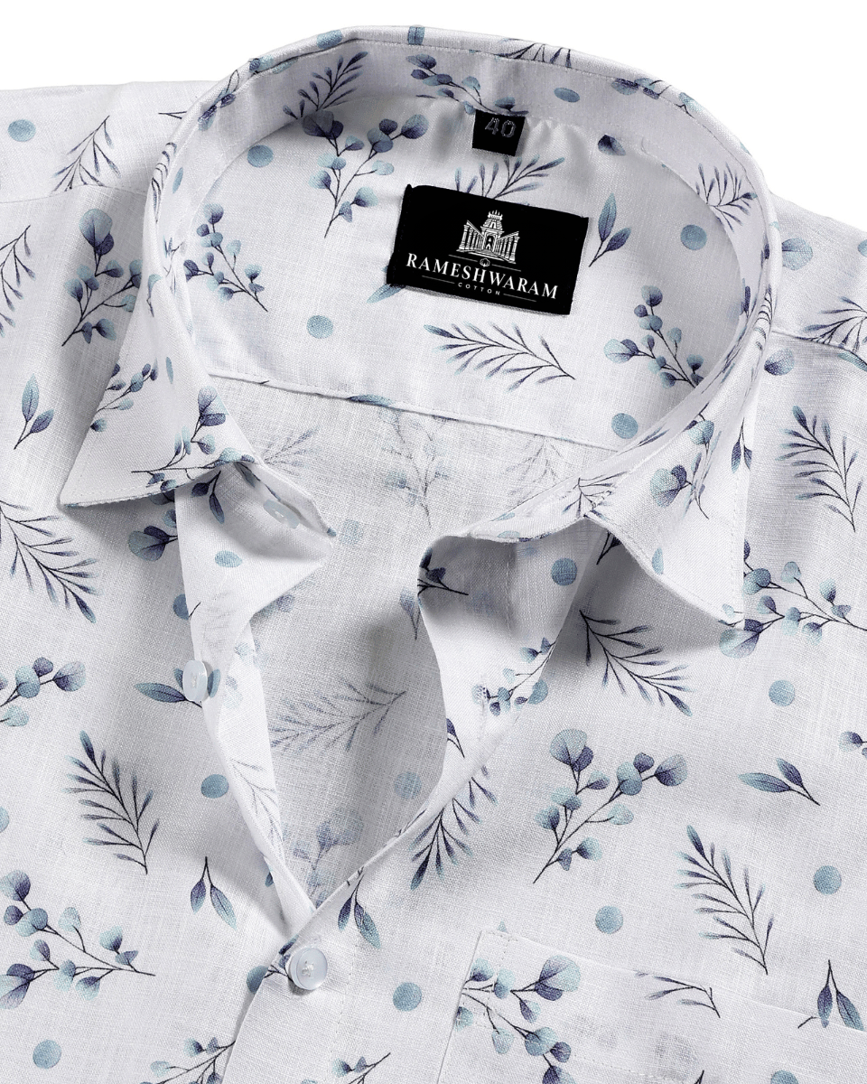 Linen White with Dusty Blue Print Shirt for Men
