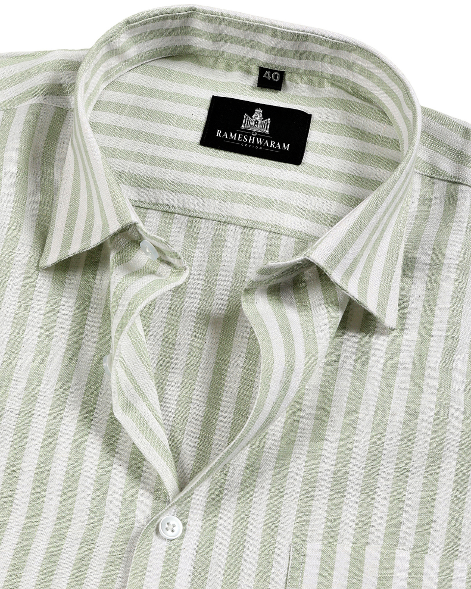 Casual Strip White with Pastel Green Stripe Men Shirts